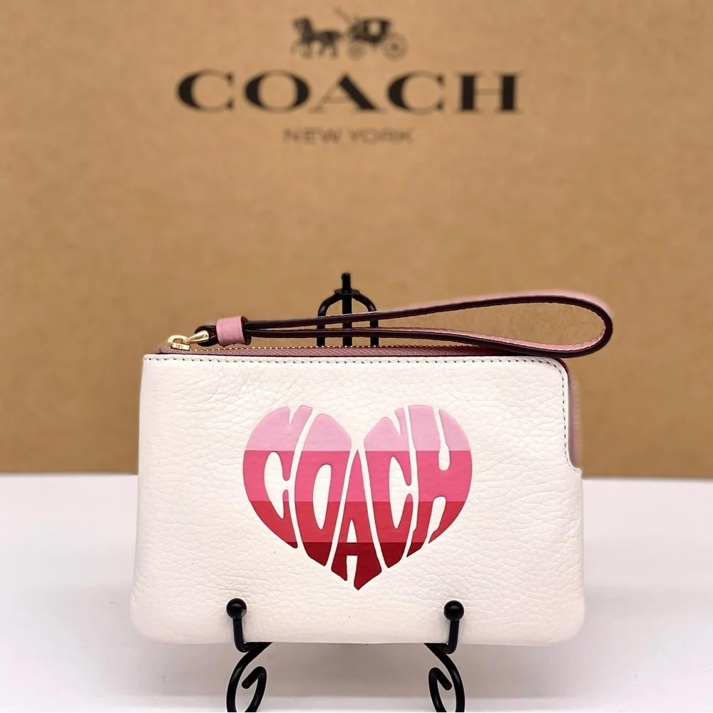 COACH Corner Zip Wristlet Wallet With Stripe Heart Motif